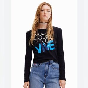 Desigual Kaos black vive ribbed cotton long sleeve tee shirt top xl x-large